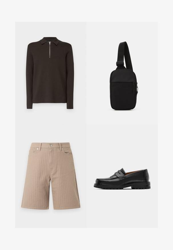 Tmavě hnědé polo tričko s dlouhým rukávem, límečkem a krátkým stříbrným zipem. Vyrobeno z hladkého, jemného materiálu. Bez vzorů nebo akcentů.; Béžové šortky z texturované látky s vertikálními pruhy, páskem s předním knoflíkem a bočními kapsami.; Černé kožené mokasíny mají zvýšený šev, dvě dekorativní pásky na svršku a silnou strukturovanou podrážku pro lepší přilnavost.; Černá crossbody taška vyrobená z odolné tkaniny, s jedním nastavitelným popruhem, zapínacím hlavním oddělením a přední kapsou.
