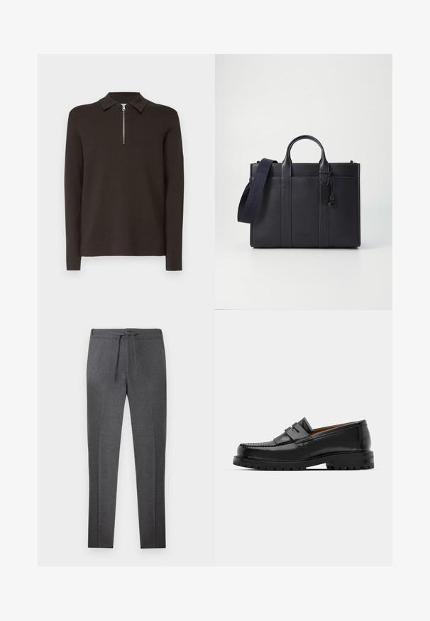 Dark brown long-sleeve polo shirt with a collar and a short silver zip closure. Made of a smooth, soft material. No patterns or accents.; Dark gray tapered pants with an elastic waistband and drawstring, featuring subtle creases along the front.; Black leather loafers feature a raised seam, two decorative straps on the upper, and a thick textured sole for added grip.; Dark navy leather briefcase with dual top handles and a detachable strap. Features textured finish, vertical stitching, and logo detail.