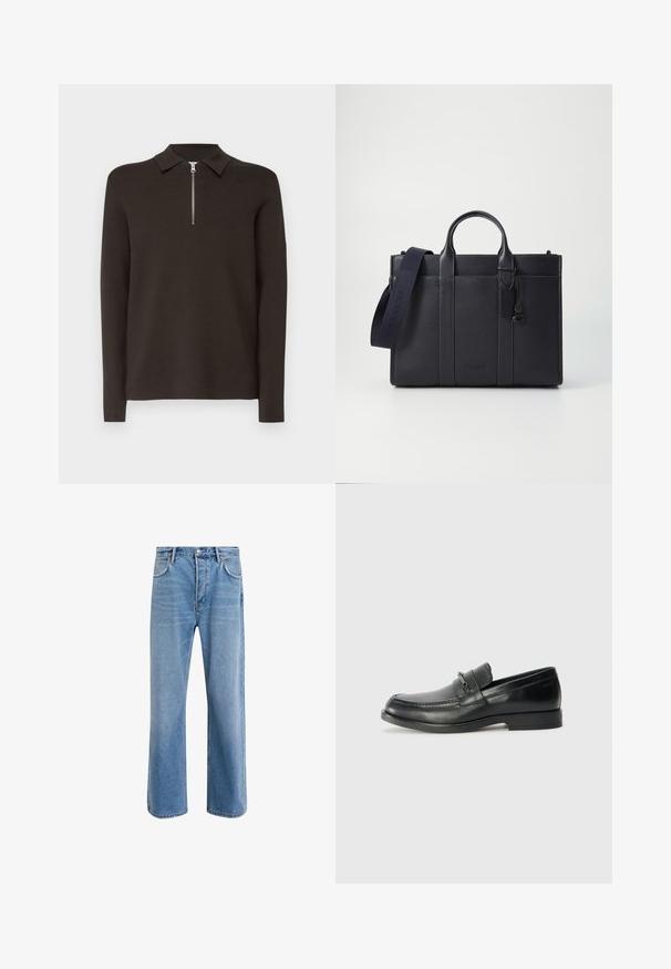 Polo de culoare maron închis, cu mâneci lungi, guler și o închidere cu fermoar scurt de culoare argintie. Confectionat dintr-un material neted și moale. Fără modele sau accente.; Jeans din denim bleu deschis cu un design drept, cinci buzunare, închidere cu buton, decolorare minimă și detalii de cusătură în contrast.; Loferi din piele neagră, cu vârful rotunjit, având un design cusut, o bretea mică în față cu detalii din metal și o talpă din cauciuc plat. ; Servietă din piele de culoare albastru închis, cu două mânere superioare și o curea detasabilă. Prezintă un finisaj texturat, cusături verticale și detalii cu logo.