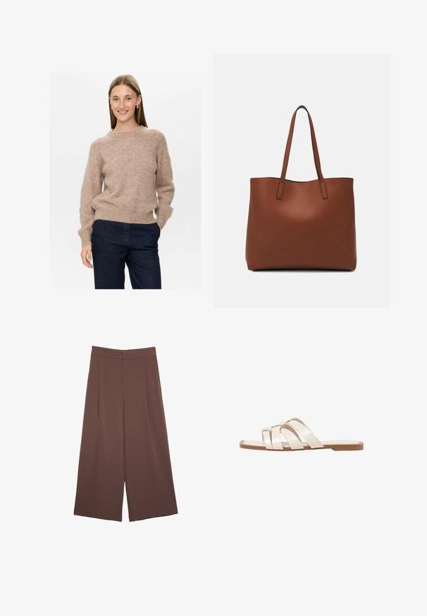 Bežnja volnena jopica z mehko teksturo, okroglo izrezom in dolgimi rokavi. V kombinaciji s temno modrimi hlačami. Preprost dizajn, sproščen kroj.; Rjave široke hlače z gladko teksturo, ki imajo visok pas in sprednje naborke. Tkanina je lahka in prosto pada.; Ravne sandale s svetlo rjavim gumijastim podplatom, zasnovane s tremi prekrivajočimi se belimi usnjenimi trakovi in majhnim lokom na sredini.; Rjava usnjena torba z gladko teksturo, odprto zasnovo zgoraj in dvema naramnima trakovoma. Opremljena je z minimalnim šivanjem in brez vidnih kovinskih delov.