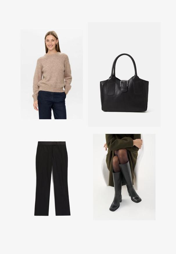 Bežnja volnena jopica z mehko teksturo, okroglo izrezom in dolgimi rokavi. V kombinaciji s temno modrimi hlačami. Preprost dizajn, sproščen kroj.; Črne hlače z gladko teksturo, ravnim krojem nogavic, ravnim pasom in brez vidnih delov ali vzorcev.; Črne usnjene čevlje do kolen s kvadratnim prstom in blok peto, prikazani na modelu, ki sedi v olivno zeleni plašču. Gladka tekstura, minimalne podrobnosti.; Črna usnjena torba s gladko teksturo, strukturirano obliko, dvema ročkama in izrazitim srebrnim sponko na sprednji strani.