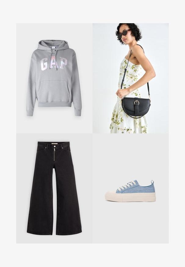 GAP HERITAGE - Sweatshirt - pilot grey; Wide-leg jeans in black denim with a zippered front, five-pocket design, and subtle stitching details. Smooth texture and casual style.; Light blue canvas sneakers with a cream rubber toe cap and outsole, featuring white laces and a pull tab on the heel.; Black leather handbag with a curved shape, detachable strap, and gold hardware. The bag features a flap with a buckle detail.