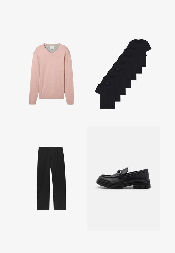 TOM TAILOR MIT V-AUSSCHNITT - Stickad tröja - dusty pink melange; Set med åtta svarta bomullströjor med korta ärmar och rundad halsringning, med en enkel design och mjuk textur.; Svarta byxor med rak ben-design, tillverkade av ett jämnt tyg. Har framfickor och en enkel knapplåsning i midjan.; Svart läderloafersko med rund tå, en dekorativ rem och hårdvara, samt en chunky texturerad sula. Slät finish med subtila detaljer.