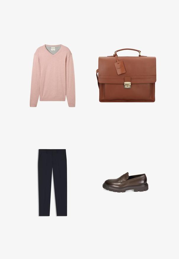 TOM TAILOR MIT V-AUSSCHNITT - Strickpullover - dusty pink melange; Marineblaue Hose mit maßgeschneiderter Passform, ausgestattet mit zwei Vordertaschen, einem flachen Design und einer glatten Textur. Keine sichtbaren Muster oder Verzierungen.; Desa Slipper - brown; Braune Lederaktentasche mit Klappe, Oberhandgriff, abnehmbarem Schultergurt, goldenen Beschlägen und einem Gepäckanhänger mit Markennamen.; Silberne Metall-Uhr mit einem gebürsteten blauen Zifferblatt, weißen Stundenmarkierungen und einem Datumsanzeiger. Verfügt über ein verlinktes Metallarmband und ein Markenlogo.