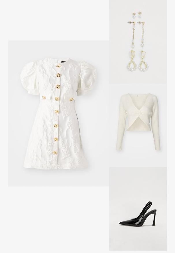 ONLY ONLLARISA V NECK - Pullover - cloud dancer; Robe blanche avec des manches bouffantes, design floral texturé et boutons dorés en forme de fleur sur le devant et à la taille. Fermeture à glissière au dos.; Escarpin en cuir verni noir à talon aiguille, à bout pointu, avec une sangle élastique double pour un maintien sécurisé. Surface lisse et brillante.; Robe blanche à manches bouffantes avec des embellissements floraux et des éléments en or, assortie d'un sac à main en sequins dorés avec un fermoir vintage.; Boucles d'oreilles dorées mettant en avant deux designs de gouttes de perle. Une paire a des clous d'oreilles; l'autre est un modèle suspendu avec une chaîne et des perles supplémentaires.