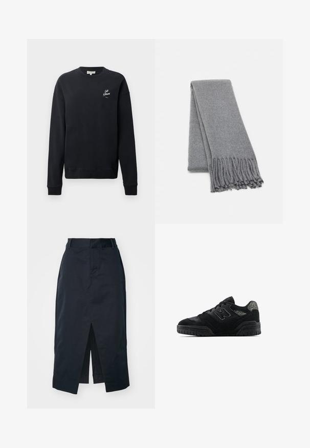 Zwarte sweatshirt, van katoen, ronde hals, lange mouwen, ribgebreide manchetten, met witte logodetail op de linkerborst. Gladde textuur, minimalistisch ontwerp.; Donker marineblauwe midi-rok van een katoenmix, met een valse split, verborgen rits en zijzakken voor functionaliteit.; Zwarte low-top sneaker met een gestructureerde zool, vetersluiting, suède panelen en een patroonaccent op de hiel en het zijlogo.; Grijze wollen sjaal met een zachte textuur, voorzien van franjes aan de randen en een eenvoudig ontwerp. Netjes gevouwen, waarmee de verlengde vorm wordt getoond.
