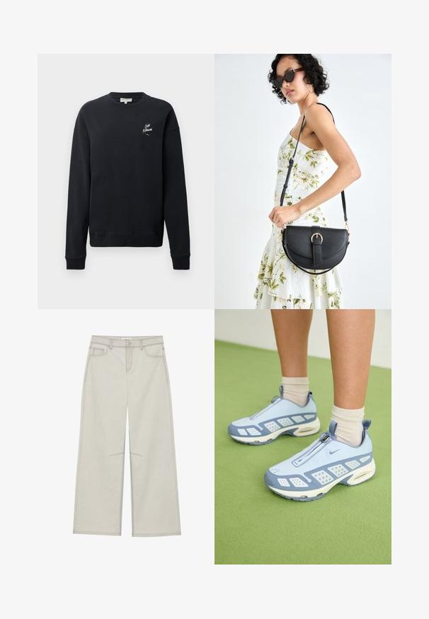 Melnā sporta krekls, kokvilnas materiāls, apaļa kakla, garas piedurknes, ribotās aproces, ar baltu logotipa detaļu kreisajā krūšu pusē. Gluda tekstūra, minimālisks dizains.; Gaiši pelēkas platās bikses ar piecām kabatām, priekšējo pogu aizdari un kontrastējošiem šuvju ieliktņiem. Audums izskatās mīksts un izturīgs.; Gaiši zili sporta apavi ar baltajiem akcentiem, teksturētām paneļiem un ar rāvējslēdzēja aizdari. Raksturīga redzama gaisa amortizācijas zole un gumijas zole.; Melnas ādas rokassoma ar izliekta formu, noņemamu siksnu un zelta aksesuāriem. Somai ir vāciņš ar sprādzes detaļu.