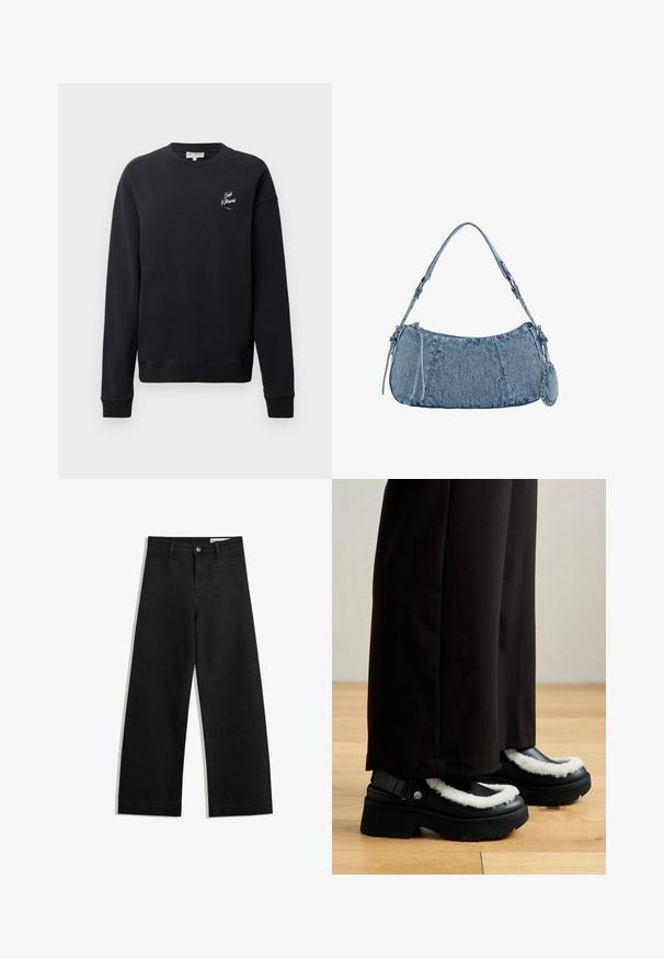 Fekete pulóver, pamut anyagból, kerek nyakú, hosszú ujjak, bordás mandzsetták, bal mellen fehér logós részlettel. Sima textúra, minimalista dizájn.; Fekete, bő szabású farmernadrág magas derékkal, elülső és hátsó zsebekkel, varrott felületekkel és gombos záródással. Sima textúra.; Fekete platform cipők fehér bolyhos díszítéssel, lekerekített orral és fém gombbal ellátott pánttal. Fekete nadrággal viselve egy fa padlón.; Farmer táska ívelt formával, világoskék színben, állítható vállpánttal és egy kis levehető tasakkal, fémes részletekkel.
