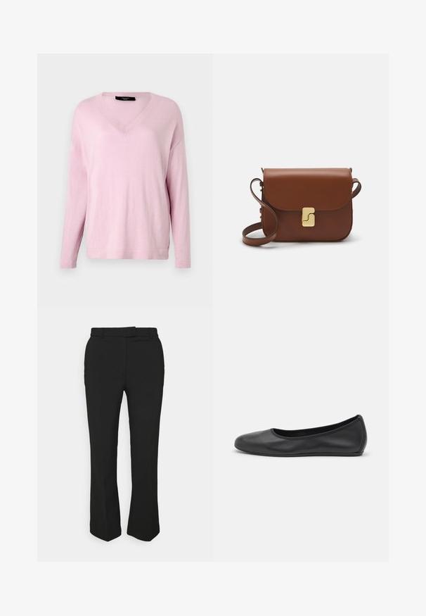 WEEKEND MaxMara RANIA - Strickpullover - pink; Schwarze, maßgeschneiderte Hose mit geradem Bein, ausgestattet mit Gürtelschlaufen und Seitentaschen. Hergestellt aus glattem Stoff mit sauberem Finish.; Schwarze Leder-Ballettschuhe mit abgerundeter Spitze, glatter Textur, minimalen Nähdetails und einem flexiblen Sohlen-Design.; Braune Ledertasche mit Klappenverschluss, Beschlägen in Goldfarbe, einem Schultergurt und einer glatten Oberfläche. Kompakte rechteckige Form.