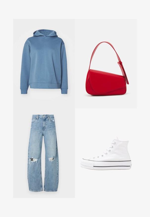 Modrá mikina s kapucí vyrobená z měkkého materiálu. Má uvolněný střih, dlouhé rukávy a žebrovaný lem s malým logem na spodní části.; Světle modré džíny s vysokým pasem vyrobené z denimu. Mají široké nohavice, dvě roztržené oblasti na kolenou a klasický pětikapsový střih.; Bílé vysoké plátěné tenisky s černou gumovou podrážkou, přední gumovou špičkou a šesti očky na tkaničky, se čistým, minimalistickým designem.; Červená kožená kabelka s ostrým, geometrickým designem. Má jeden nastavitelný popruh a klopu s prošívanými detaily.