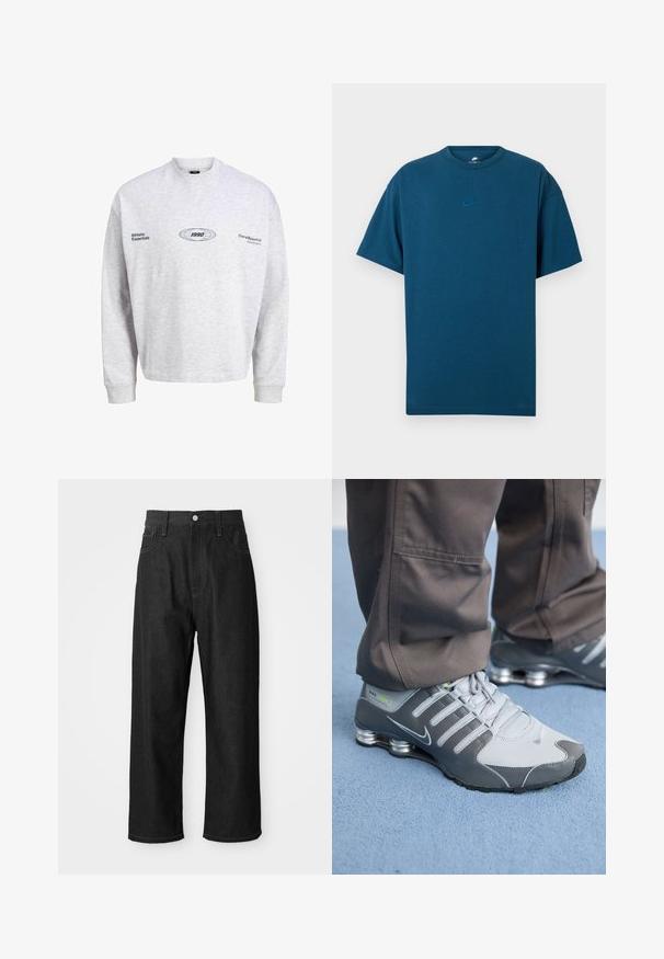 Pelēks kokvilnas džemperis ar garām piedurknēm, apaļu kaklu un izšuvumu. Priekšpusē ir dizaini "Athletic Essentials" un "1990".; Zila kokvilnas T-kreklu ar īsām piedurknēm, apaļu kakla izgriezumu un mazu gaismas zilu Nike logo uz krūtīm. Mīksta tekstūra, brīvas formas.; Melnas džinsus bikses ar brīvu piegriezumu, augstu vidukli, rāvējslēdzēja aizdari un piecu kabatu dizainu. Redzama šuvju akcenti visā virsmā.; Pelēki un sudraba Nike Shox sporta apavi izceļas ar elegantu dizainu, izmantojot acu un sintētiskos materiālus, apaļu purngalu un mīkstinātu apkakli.