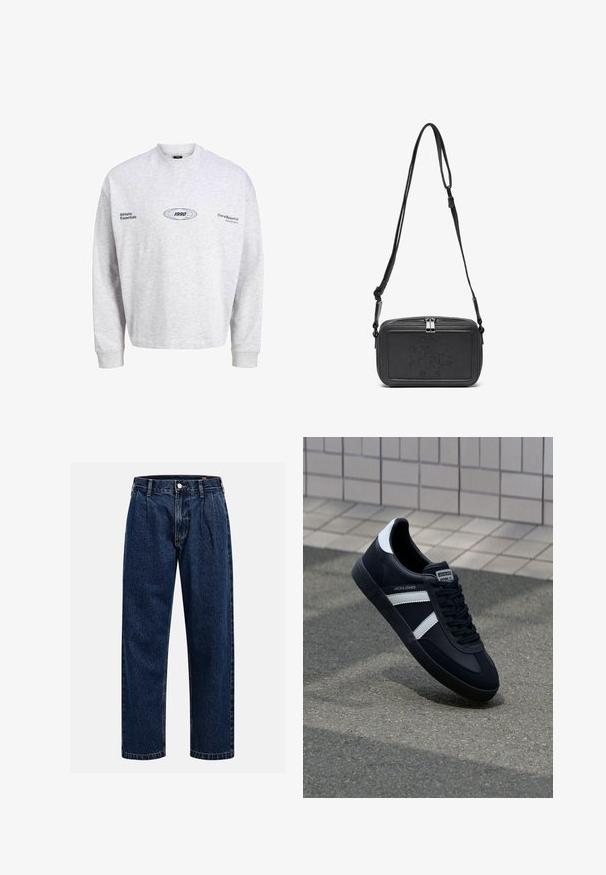 Grå bomullsgensere med lange ermer, rund hals og brodert tekst. Har designene "Athletic Essentials" og "1990" på forsiden.; Mørkeblå denimjeans med rett ben-design. Har synlige sømmer, knappestengning og frontfolder for ekstra detaljer.; Sorte lærersneaker med hvite striper, teksturert gummihæl og snøring foran. Har et merketikett på tungen.; Svart skinn crossover-veske med glidelås, preget logo på fronten og justerbar stropp. Glatt tekstur med rektangulær form.