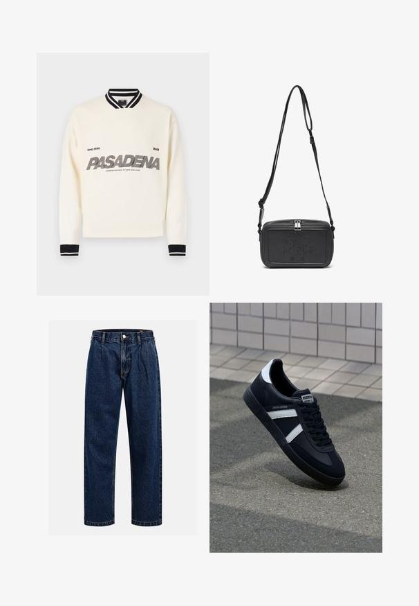 White sweatshirt with black accents, featuring a ribbed collar and cuffs. The front displays “PASADENA” in bold, stylized text.; Dark blue denim jeans with a straight-leg design. Features visible stitching, a button closure, and front pleats for added detail.; Black leather sneaker with white stripes, textured rubber sole, and lace-up front. Features a branded label on the tongue.; Black leather crossbody bag with a zip closure, embossed logo on the front, and adjustable strap. Smooth texture with a rectangular shape.