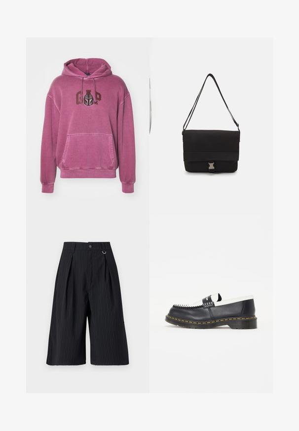 GAP Φούτερ με κουκούλα - red; Μαύροι κοντοί παντελόνια με ρίγες, πτυχώσεις, κλείσιμο με κουμπί και μεταλλική λεπτομέρεια. Λείο ύφασμα με κομψή εφαρμογή και μήκος μέχρι το γόνατο.; Μαύρο δερμάτινο παπούτσι slip-on με λευκή δερμάτινη λεπτομέρεια. Διαθέτει διακοσμητική ραφή και καουτσούκ σόλα με κίτρινο περίγραμμα. Στρογγυλή σχεδίαση μύτης.; Μαύρη τσάντα Messenger από λείο υλικό, διαθέτει πτυσσόμενο καπάκι, ασημένια κλείσιμο και ρυθμιζόμενο ιμάντα ώμου.