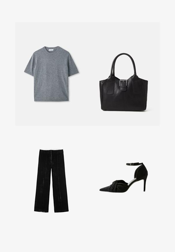 Maglione grigio a maniche corte realizzato in un materiale leggero e morbido. Presenta un collo a giro, polsini e orlo a costine. Texture liscia con una finitura sottile.; Pantaloni neri a gamba larga in morbido velluto, con una texture liscia, due tasche frontali e un giro vita piatto senza decorazioni.; Scarpa nera in suede con tacco alto, punta affusolata, dettaglio annodato sul davanti, cinturino alla caviglia e sottile tacco a stiletto.; Borsa tote in pelle nera con texture liscia, forma strutturata, due manici e un evidente dettaglio in fibbia argentata sul davanti.
