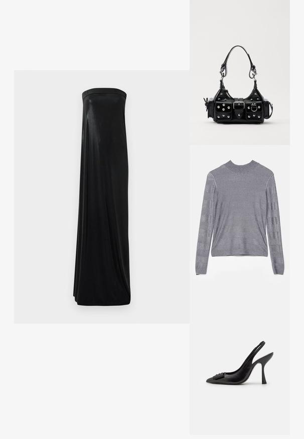 Siv svetar dolgih rokavov z okroglim izrezom, gladkim, teksturiranim materialom z metalnim sijajem in subtilnimi horizontalnimi črtami.; Črna brez naramnic maksi obleka iz gladkega, sijočega materiala. Ima prilegajoč vrhnji del in padajočo silhueto, ki sega do tal brez okrasnih detajlov.; Črne usnjene slingback čevlje s koničastim prstom, ozko visoko peto in dekorativnim naglavnim poudarkom. Gladka tekstura in eleganten dizajn.; Črna usnjena torbica s ukrivljenim dizajnom, ki vsebuje srebrne žebljičke, zaponko in dve stranski žepki. Nastavljiv trak za različne možnosti nošenja.