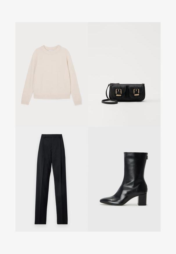 Tiger of Sweden GWYNN - Pullover - eggshell; Pantalon noir en tissu lisse avec taille haute, jambes larges, plis à l'avant et passants de ceinture classiques. Pas de poches latérales visibles.; Bottine en cuir noir avec un bout pointu et un talon carré de 4 cm. Design élégant avec une fermeture éclair sur le côté pour un enfilage facile. Texture lisse.; Sac en cuir noir porté en travers avec deux poches avant, boucles dorées, fermeture zippée et une sangle fine. Surface texturée et forme rectangulaire compacte.