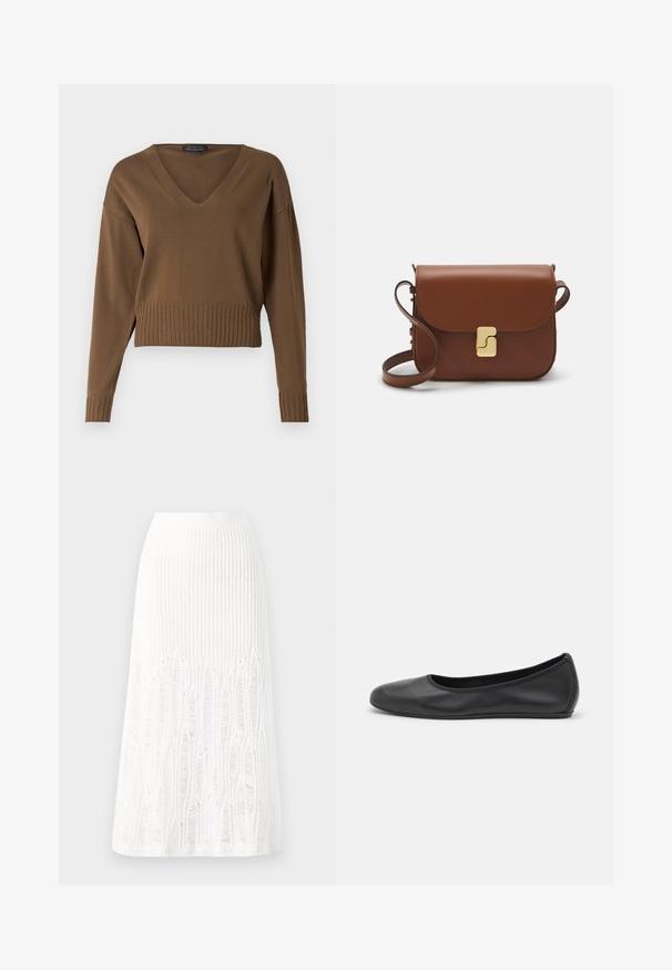 Brązowy krótki sweter z dekoltem w kształcie V, prążkowanym dołem i długimi rękawami. Wykonany z gładkiej dzianiny o subtelnej teksturze.; Dzianinowa biała spódnica midi z fakturowanym wzorem w pionowe linie oraz wycięciami przy dolnej krawędzi. Elastyczny pas. Miękki materiał.; Czarne skórzane baletki z zaokrąglonym noskiem, gładką fakturą, minimalnymi przeszyciami i elastycznym designem podeszwy.; Brązowa skórzana torebka na ramię z klapką, złotymi detalami, paskiem na ramię i gładką teksturą. Kompaktowy prostokątny kształt.