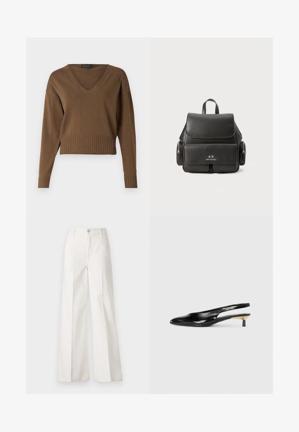 Brūns īss džemperis ar V veida kaklu, ribota apakšmala un garām piedurknēm. Izgatavots no gluda dzijas auduma ar maigu tekstūru.; Baltas platfita bikses, izgatavotas no kokvilnas ar gludu tekstūru. Aprīkotas ar priekšējo pogu, rāvējslēdzēju un četru kabatu dizainu.; Melnas slingback pump kurpes ar smailu purngalu, spīdīgu ādas apdari un mazu papēdi ar zelta akcentu. Elegants dizains ar atvērtu aizmuguri.; Melna ādas mugursoma ar atloku aizdari, priekšējo kabatu, sānu rāvējslēdzēju nodalījumus un augšējo rokturi. Iezīmēta ar logo detaļām priekšpusē.