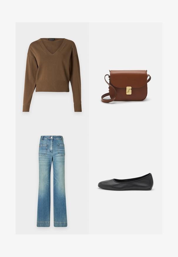 Pulover scurt maro cu decolteu în V, tiv cu nervuri și mâneci lungi. Fabricat dintr-un material tricotat neted cu o textură subtilă.; Jeans din denim albastru deschis, cu talie evazată, cinci buzunare, bucle pentru curea, închidere cu nasture și o textură ușor decolorată, având un detaliu cu logo roșu pe spate.; Balerini din piele neagră, cu vârf rotund, textură netedă, detalii de cusătură minimale și un design al tălpii flexibil.; Geantă de piele maro cu închidere tip capac, accesorii de culoare aurie, curea de umăr și o textură netedă. Formă compactă și rectangulară.