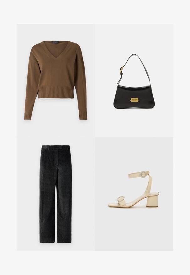 Pruun lühike sviiter V-kaelusega, soonikservaga ja pikkade varrukatega. Valmistatud siledast kudumitoest, millel on peen struktuur.; Mustad, tekstureeritud laiad püksid mustas värvuses, millel on väljendunud kudumine, eessuud ja lame vöökoht. Klassislik disain mitmekesiseks kasutamiseks.; Beeži kõrge kontsaga sandaalid minimalistliku disainiga, millel on kaks ümmargust aksessuaari ja paks konts. Valmistatud siledast nahast.; Musthave nahkakott, millel on kaarjas disain, kuldne logoplaat ja peen õlavarre rihm. Sile tekstuur ja elegantne viimistlus.