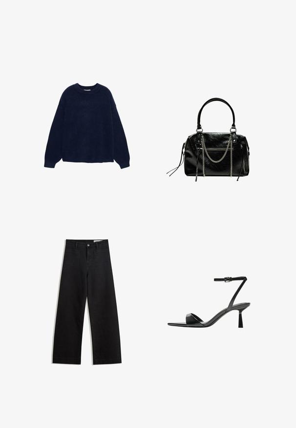 Sötétkék kötött pulóver puha anyagból, kerek nyakkivágással és széles ujjakkal, laza szabásban, látható minták vagy fémalkatrészek nélkül.; Fekete, bő szabású farmernadrág magas derékkal, elülső és hátsó zsebekkel, varrott felületekkel és gombos záródással. Sima textúra.; Bershka Magas sarkú szandálok - black; Bershka WITH CHAIN - Kézitáska - black