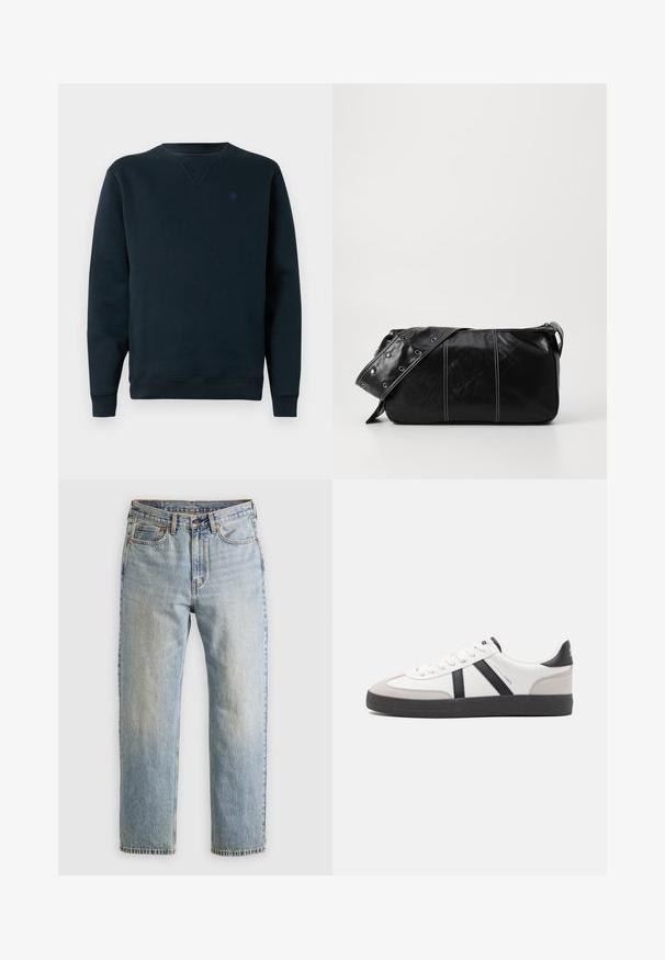 Marineblå crew-neck sweatshirt laget av mykt stoff, med ribbestrikkede mansjetter og hem, samt en liten logo på brystet. Enkel, minimalistisk design.; Lys blå denim jeans med høy midje, frontknapp, glidelås og fem-lommers design, lagt flatt på en nøytral bakgrunn.; Hvite sneakers med svarte og grå detaljer, med en teksturert grå tåhette, svart gummisåle, og flate hvite lisser. Rent design, minimalistisk stil.; Svart lær skulderveske med glidelås, med teksturert overflate, hvite sømmer og en stropp med sølvringer.