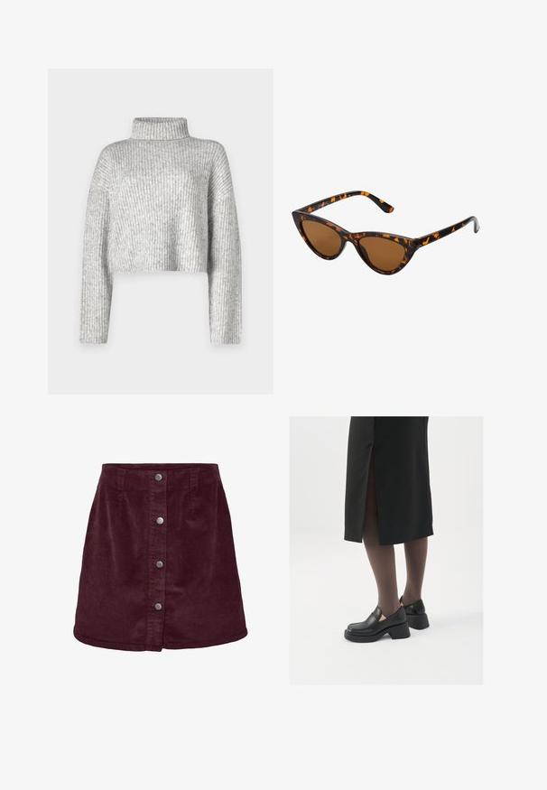 Pull gris court en tissu côtelé, doté d'un col haut et de manches longues, avec une texture douce et une légère variation de couleur.; Jupe mini en velours côtelé bordeaux avec une forme évasée, dotée de cinq boutons argentés sur le devant et d'une texture côtelée subtile.; Chaussures noires en cuir avec un bout arrondi, un épais talon bloc et des accents latéraux élastiques, associées à des bas foncés et une jupe noire avec une fente.; Lunettes de soleil style œil de chat avec une monture en écaille de tortue noire et orange, verres marron et pointes effilées et élégantes. Présente un logo minimaliste sur la branche.