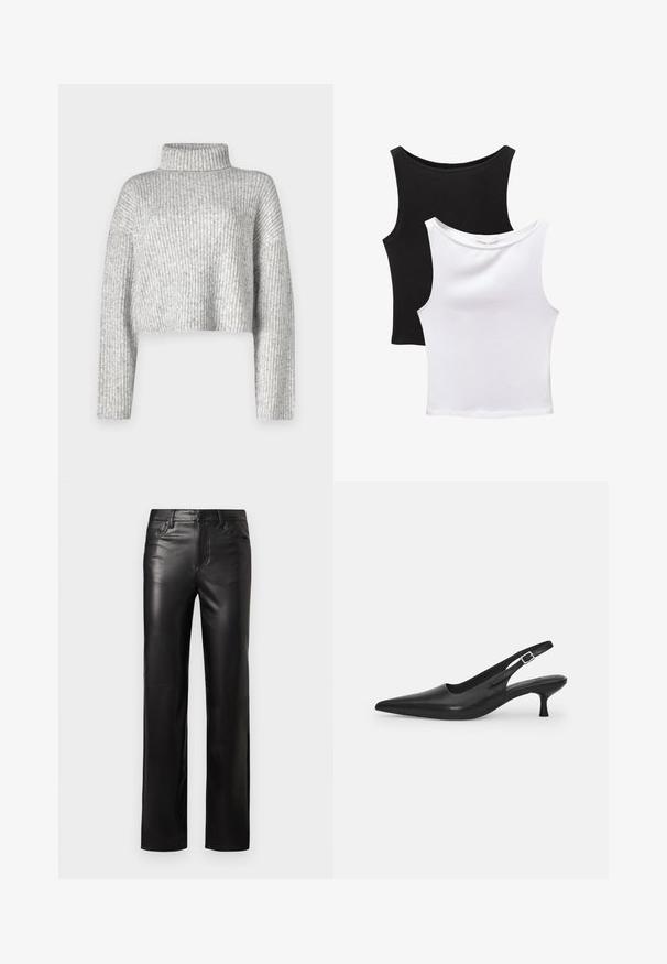 Pull gris court en tissu côtelé, doté d'un col haut et de manches longues, avec une texture douce et une légère variation de couleur.; Deux tops sans manches en noir et blanc, en coton. Comprend des encolures arrondies et un design ajusté avec une texture lisse.; Pantalons en cuir noir à coupe droite, avec une fermeture à bouton et des poches avant. Texture lisse avec des détails de couture subtils.; Chaussure slingback en cuir noir avec un bout pointu et un talon fin et incurvé. Dispose d'une sangle ajustable discrète avec une boucle en métal.
