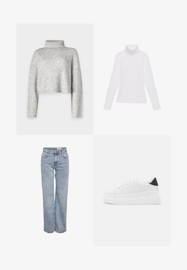 Szürke, rövid fazonú pulóver bordás kötött anyagból, magas nyakkal és hosszú ujjakkal, puha textúrával és finom színváltozással.; Fehér, hosszú ujjú, garbónyakú felső sima, rugalmas anyagból készült. Magas nyakkal és testhezálló fazonnal rendelkezik, látható minták vagy díszítések nélkül.; Világoskék, bő szárú farmernadrág, magas derékkal, öt zsebes kialakítással és finom kopással, amely megadja a viselt megjelenést.; Fehér platform sportcipők sima szintetikus anyagból, lekerekített orral, fűzős kialakítással és texturált gumitalppal. Fekete sarokdísz.
