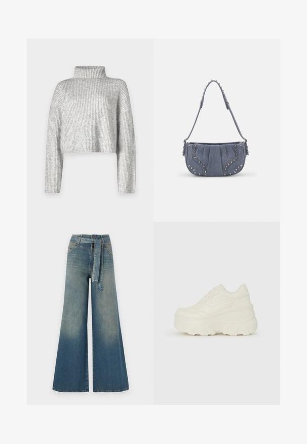 Pilkas trumpas megztinis iš briaunoto trikotažo, su aukštu kaklu ir ilgomis rankovėmis, minkšta tekstūra ir subtiliais spalvų atspalviais.; Platus džinsinis kelnes su šviesiai tamsiai mėlynu gradientu, aukštu juosmeniu, diržo kilpomis ir atitinkančiu audinio diržu. Textūruotas džinsinis paviršius.; Baltos platformos sportbačiai su lygiu odos primenančiu paviršiumi, apvalia forma, paminkštintu apykakle ir tekstūruotu guminiu padu su ryškiais protektoriais.; Denimo peties krepšys su raukšlėtu dizainu, mėlynos spalvos, sidabro spalvos studų akcentai palei kraštus ir tekstūruota petneša.