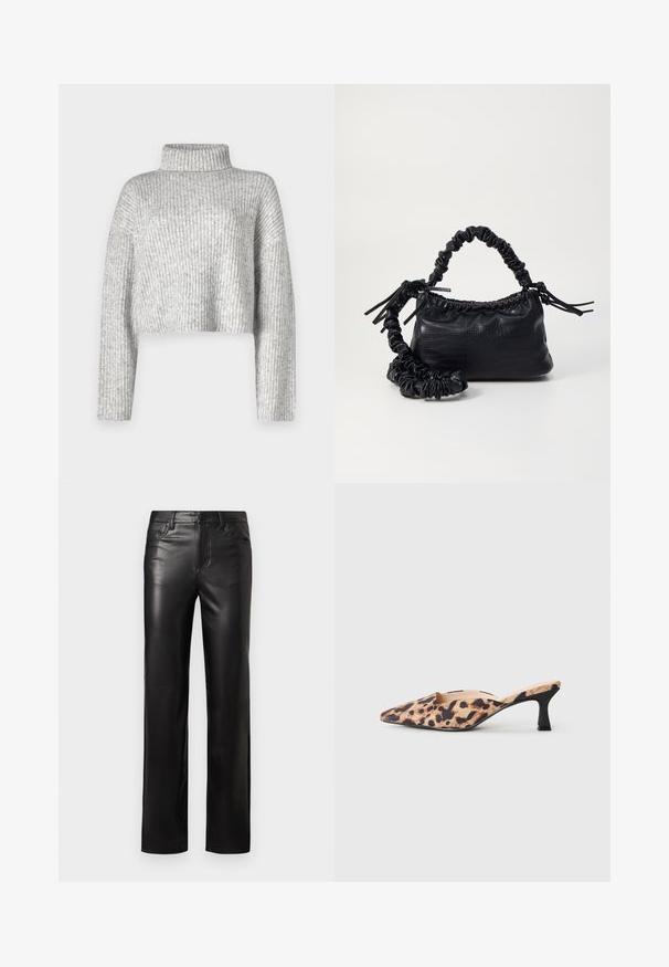 Hallitusseente lõikega hall kampsun, mis on valmistatud ribakudum kangast, kõrge kaelusega ja pikkade varrukatega, pehme tekstuuriga ja tagasihoidlike värvivariantidega.; Musta nahkpüksid sirge lõikega, millel on nööbiga sulgur ja eesmist kotid. Sile tekstuur koos peene tikandiga detailidega.; Kitsas varvastega mule kingad leopardimustriga pealispinnaga ja madala musta kassi kontsaga heledal taustal.; Must must sünteetilisest nahast käekott, millel on krokodillimuster, kokku tõmmatav ülaosa ja kortsus rihm. Tundub pehme ja kompaktne disain.
