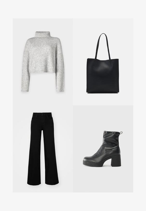 Gray cropped sweater made of ribbed knit fabric, featuring a high neck and long sleeves, with a soft texture and subtle color variation.; Black wide-leg pants made of denim, featuring a structured waistband, belt loops, and front pockets. Smooth texture with a classic design.; Black ankle boots made of smooth leather, featuring a side zipper, chunky textured heel, and rounded toe design.; Black leather tote bag with smooth texture, rectangular shape, and two long handles. No visible hardware or embellishments.