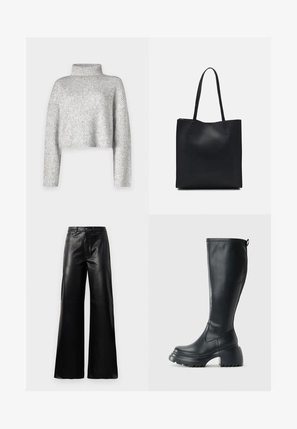 Grijze cropped sweater van ribbeltricot, met een hoge hals en lange mouwen, met een zachte textuur en subtiele kleurvariatie.; Zwarte high-waisted wide-leg neplederen broek met een voorste knoop, ritssluiting, riemlussen en zijzakken op een witte achtergrond.; Hoge zwarte leren laars met een chunky plateauzool en blokhak, voorzien van een trekband en een gestructureerd profiel op de buitenzool.; Zwarte leren handtas met een gladde textuur, rechthoekige vorm en twee lange handvaten. Geen zichtbare hardware of versieringen.