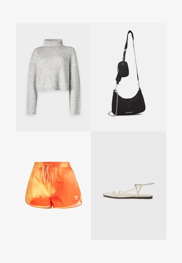 Pulover gri scurt, realizat dintr-un material tricotat cu nervuri, având un guler înalt și mâneci lungi, cu o textură moale și o variație subtilă a culorii.; Costum de baie cu degrade portocalie și galbenă, dotat cu șnur la talie, fabricat dintr-un material ușor. Prezintă o marcă subtilă pe piciorul stâng.; Sandalie plate bej cu multiple bretele subțiri și o cataramă ajustabilă. Talpa este plată, cu un ușor contrast întunecat la margine.; Geantă de umăr din nailon negru, cu o formă curbată, accent din lanț argintiu, pouch mini detașabil și curea reglabilă; prezintă logo-ul "Steve Madden".