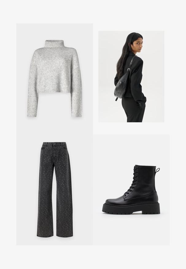 Šedý krátky sveter z ribovaného úpletu, vybavený vysokým golierom a dlhými rukávmi, s mäkkou textúrou a jemnými farebnými variáciami.; Noisy May NMJANNEL LOOSE - Džínsy voľného strihu - black denim; Čierne kožené členkové topánky s okrúhlou špičkou, šnurovaním vpredu a hrubou gumovou podrážkou s textúrovaným vzorom. Sťahovací pútko na zadnej strane.; Žena s dlhými tmavými vlasmi, oblečená v čiernom obleku, nesúca čiernu koženú kabelku na ramene, pozerajúca cez rameno na bielom pozadí.