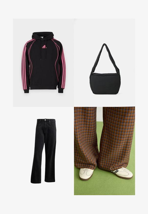 Crna dukserica s ružičastim detaljima i tri pruge na rukavima. Ima prednji džep i kapuljaču s vezicom. Mješavina pamuka.; Crne traperice s ravnim krojem, s prednjim džepovima, patentnim zatvaračem i blagom teksturom. Uključuje diskretan logo detalj.; Smeđe i plave karirane široke hlače uparene s bijelim cipelama s crnim akcentima i teksturiranim potplatom, na zelenoj pozadini.; Crna torba za rame s podstavljenom teksturom, zaobljenog oblika i širokim remenom, s reljefnim logotipom sprijeda.