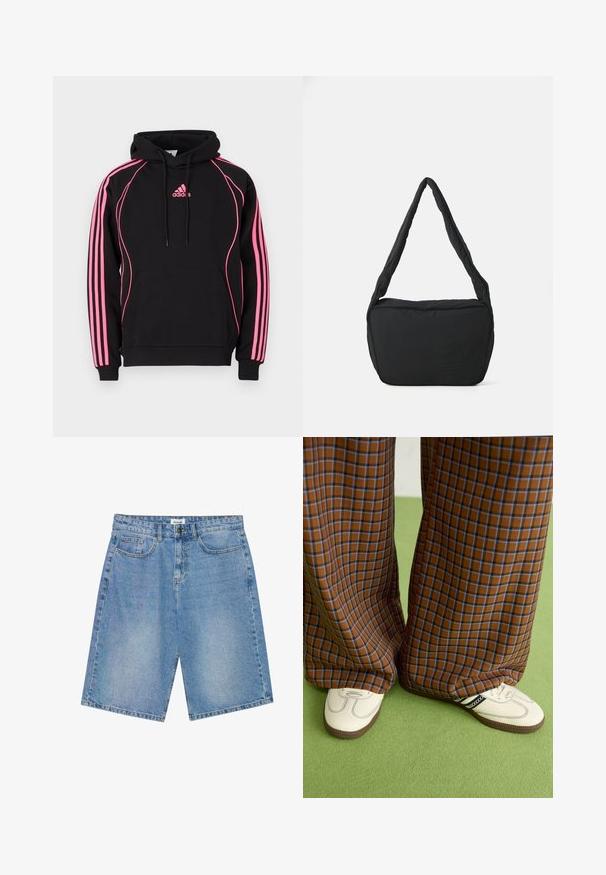Črna kapuca z rožnatimi detajli in tremi črtami na rokavih. Ima sprednji žep in kapuco s vrvico. Iz mešanice bombaža.; Denim kratke hlače v svetlo modri barvi s ravnim krojem, zasnovo s petimi žepi in kontrastnim šivanjem. Opremljene so s gumbom in zadrgo.; Rjave in modre kariraste hlače širokih nogavic, v kombinaciji z belimi čevlji, ki imajo črne poudarke in teksturirane podplate, na zeleni podlagi.; Črna torba čez ramo z oblazinjenim teksturo, zaobljeno obliko in širok pas, z embosiranim logotipom na sprednji strani.