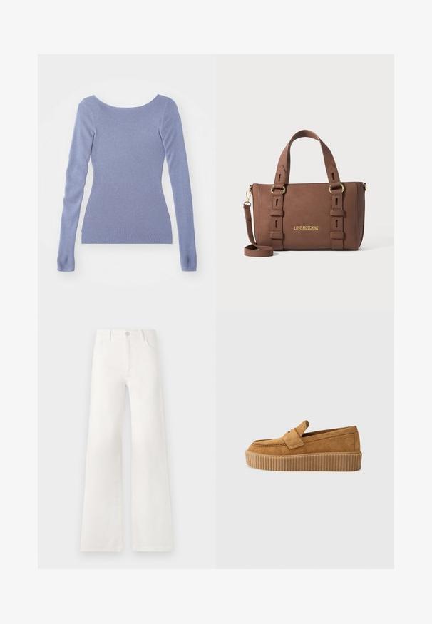 Långärmad pullover i ljusblå ribbad stickning. Har en bred båtformad halsringning och figurnära silhuett. Slät textur.; Vita, högmidjade jeans med vida ben i denim. Har en knappstängning, två framfickor och sidsömmar med stickningsdetaljer.; Bruna mockaläder loafers med rund tå, med en ribbad plattformssula och ett dekorativt band över ovansidan.; Brun Love Moschino-handväska med dubbelhandtag, justerbar axelrem och detaljer i guldton på en enfärgad bakgrund.