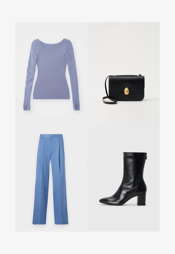 Hosszú ujjú pulóver világoskék bordázott kötött anyagból. Széles, csónaknyakú kivágással és testhez simuló szabással rendelkezik. Sima textúrájú.; Világoskék, bő szárú nadrág függőleges fehér csíkokkal. Simább anyagból készült, elöl redőzéssel és letisztult derékpánttal rendelkezik.; Fekete bőr bokacipő hegyes orral és 4 cm-es blokkfallal. Simán díszített designja oldalra nyíló cipzárral rendelkezik, ami megkönnyíti a felvételt. Simább textúrával.; Fekete bőr kézitáska, struktúrált, téglalap alakú formával. Arany ovális kapoccsal és vékony vállpánttal rendelkezik. Sima textúrájú.