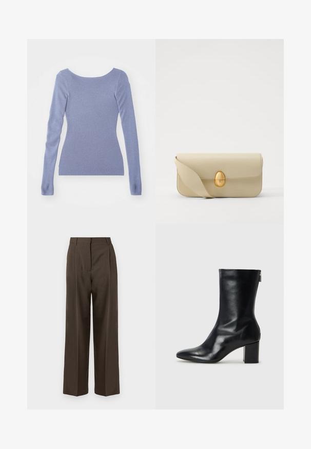 Garums piedurkņu pulovers gaisā zils ribota adījuma. Iezīmē plašu laivu tipa kakla izgriezumu un pieguļošu siluetu. Gluda tekstūra.; Brūnas platā kāju bikses ar gludu tekstūru, ar augstu jostasvietu, priekšējām krokām un pielāgotu dizainu. Nav redzamu kabatu vai rotājumu.; Melna ādas potītes zābaks ar norādītu purngalu un 4 cm bloku papēdi. Gluds dizains ar sānu rāvējslēdzēju vieglai uzvilkšanai. Gluda tekstūra.; Beige krēma ādas somiņa ar gludu tekstūru, taisnstūra formu un zelta ovālu aizdari. Aprīkota ar garu, regulējamu siksnu.