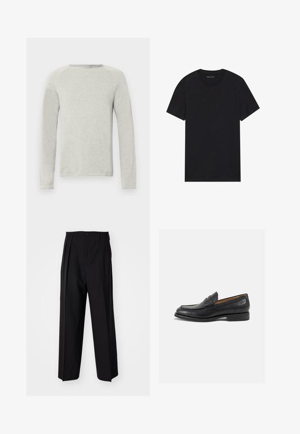 Svetlo šedá dlhá rukávová košeľa s okrúhlym výstrihom, textúrovaná tkanina a raglánové rukávy. Jednoduchý dizajn, bez viditeľných log a vzorov.; Čierne bavlnené tričko s krátkymi rukávmi a okrúhlym výstrihom. Materiál má hladkú textúru a jednoduchý, jednofarebný dizajn.; Čierne skladané nohavice s rovnom, širokým strihom. Vyrobené z hladkého materiálu, s gombíkovým zapínaním a pútkami na opasok.; Čierne kožené mokasíny s hladkým povrchom, zaoblenou špičkou a dekoratívnym prešívaním na prednej časti. Nízky kokteilový opätok a jemný lesk.