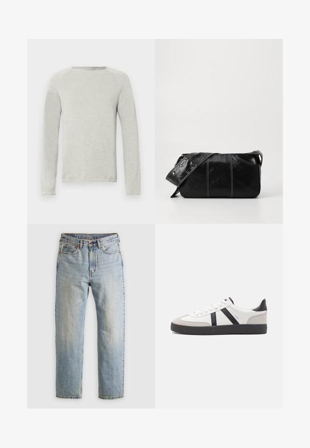 Light gray long-sleeve shirt with a round neck, textured fabric, and raglan sleeves. Simple design, no visible logos or patterns.; Light blue denim jeans with high waist, front button, zipper, and five-pocket design, laid flat on a neutral background.; White sneaker with black and gray accents, featuring a textured gray toe cap, black rubber sole, and flat white laces. Clean design, minimalist style.; Black leather shoulder bag with a zip closure, featuring a textured body, white stitching, and a strap with silver grommets.