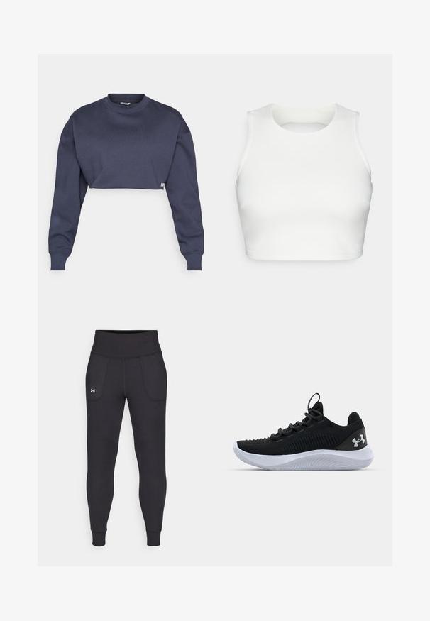 Avkortad mörkblå sweatshirt i bomull, med rund halsringning, långa ärmar och texturerad tyg med en diskret logotypetikett vid fållen.; Vit ärmlös crop top i slätt tyg, med rund halsringning och öppen ryggdesign, med snygg sömnad längs kanterna.; Svarta träningsleggings i elastiskt material, med hög midja, sidofickor och åtsittande manschetter vid ankeln.; Svarta atletiska skor med ett andningsbart meshtak, texturerade detaljer och en vit gummisula. Har platta skosnören och en hällapp vid hälen.