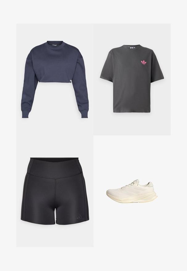 Skraćeni tamnoplavi dukserica od pamuka, s okruglim izrezom, dugim rukavima i teksturiranim materijalom s diskretnom oznakom na rubu.; Tamno sivi T-shirt kratkih rukava s malim ružičastim Adidas trefoil logom na lijevoj strani prsnog koša, prikazan na bijeloj pozadini.; Crne atletske kratke hlače od rastezljivog materijala, sa visokim strukom, ravnim šavovima i diskretnim Adidas logotipom u donjem kutu.; Svijetlosmeđi atletski tenisice s mrežastim gornjim dijelom, ravnim vezicama i mekanim potplatima. Imaju dizajn s tri pruge na bočnoj strani.