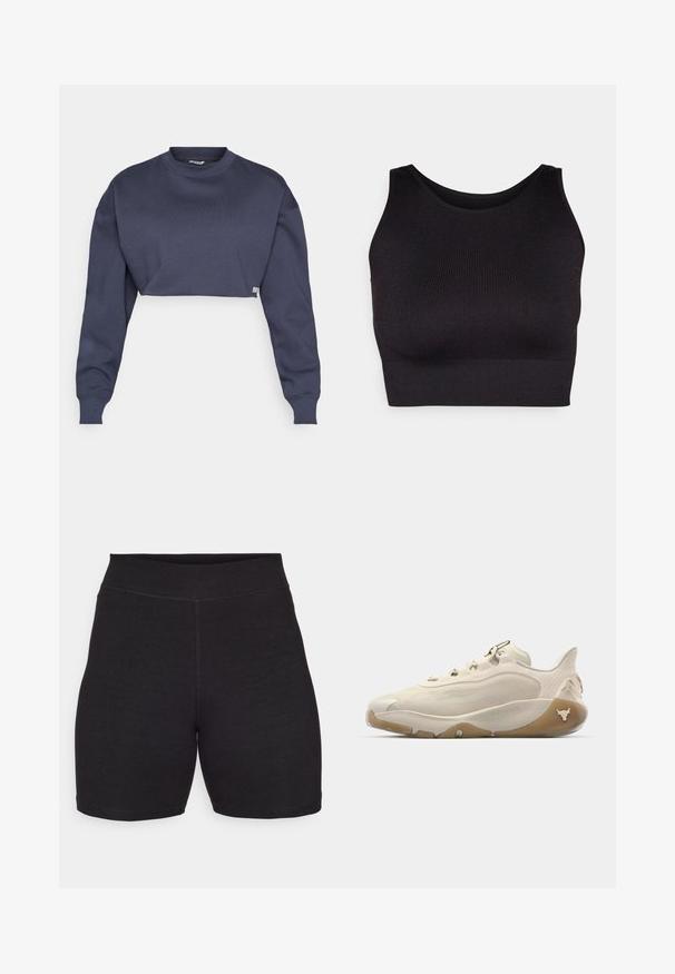 Cropped navy sweatshirt made of cotton, featuring a round neckline, long sleeves, and textured fabric with a subtle logo tag on the hem.; Black ribbed crop top with a high neckline and wide armholes, featuring a soft, stretchy fabric for comfort and a seamless design.; Black cycling shorts with a high waist, made of stretchy, soft fabric. Features flat seams and a smooth texture for comfort.; White athletic shoe with a sleek design, mesh and suede materials, lace-up closure, and gum rubber outsole featuring a textured heel accent.