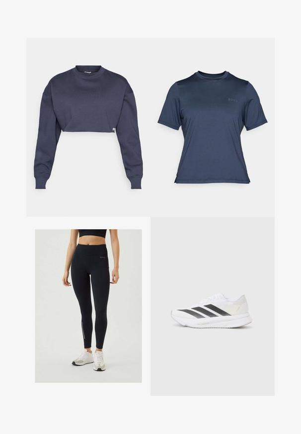 Kratka mornarska majica iz bombaža, s okroglo izrezom, dolgimi rokavi in teksturirano tkanino ter diskretnim logotipom na robu.; Majica s kratkimi rokavi v mornarsko modri barvi, izdelana iz gladkega, lahkega materiala. Ima zaobljen izrez in subtilen logotip "BORG" spredaj.; Björn Borg RUNNING - Pajkice - black; Bela atletska čevlja z črnimi diagonali, mrežastim zgornjim delom, zaobljenim nosom in teksturirano podplatom. Dodatki vključujejo srebrno peto in minimalističen dizajn.