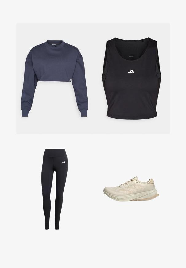 Sudadera cortada de color marino hecha de algodón, con un cuello redondo, mangas largas y tejido texturizado con una sutil etiqueta de logo en el dobladillo.; Top deportivo negro de corte corto, hecho de tela que absorbe la humedad, con cuello redondo, diseño sin mangas y logo blanco en el pecho.; Leggings negras de material elástico, con una cinturilla alta y un pequeño logo blanco, con un acabado suave y mate.; Zapatillas de correr beige con una parte superior de malla transpirable, diseño texturizado, suela curvada y tres rayas en el costado. Livianas y modernas.