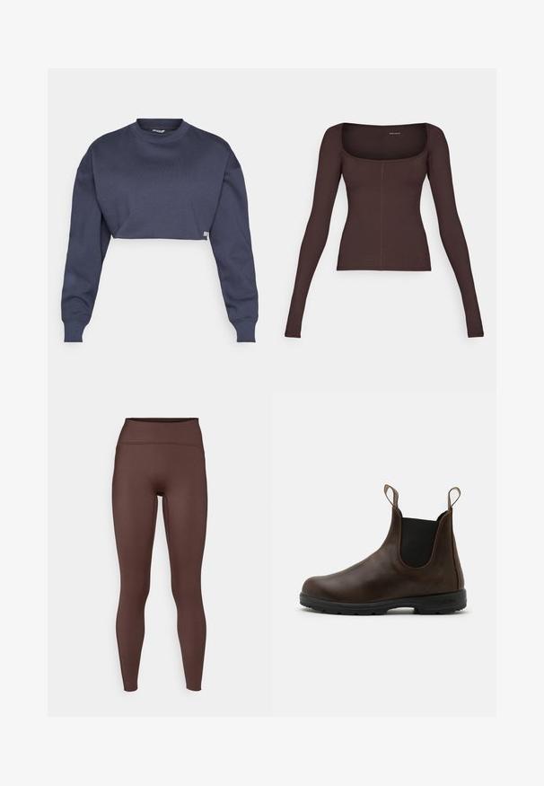 Korte marineblauwe sweatshirt van katoen, met een ronde halslijn, lange mouwen en een gestructureerde stof met een subtiele logo-label aan de zoom.; Bruine langemouwtop met een vierkante halslijn, gemaakt van ribbelstof. Heeft een aansluitende silhouet en subtiele stikseldetails.; Bruine hoge taille leggings gemaakt van gladde, rekbare stof. Kenmerkt zich door een aansluitend ontwerp en een naadloze uitstraling langs de naden.; Bruine leren enkellaars met elastische zijkanten, trekriempjes en een getextureerde rubberen zool. Heeft een slank, rond te ontwerp.