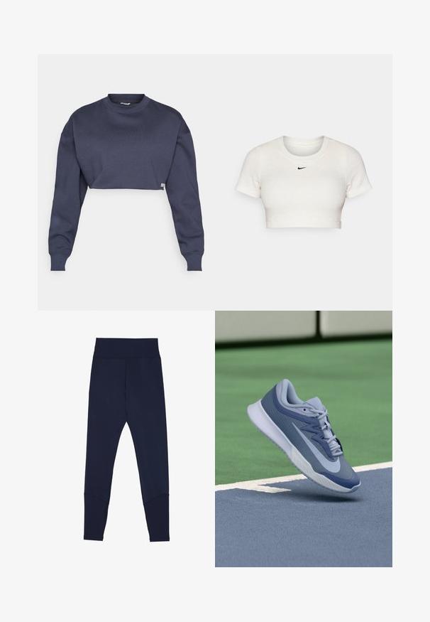 Zkrácená námořnická modrá mikina z bavlny, s kulatým výstřihem, dlouhými rukávy a strukturovanou tkaninou s jemnou logovkou na lemu.; Zkrácené bílé tričko vyrobené z proužkované tkaniny s krátkými rukávy a kulatým výstřihem; má malou černou ikonu Nike na hrudi.; Námořnické modré legíny vyrobené z elastického materiálu, s širokým elastickým pasem, kontrastním šitím a zúženým střihem u kotníků.; Sportovní tenisky v světle modré a námořnické barvě, s texturovaným svrškem, plochými tkaničkami a lehkou bílou podrážkou. Zvýšené nad povrchem kurtu.